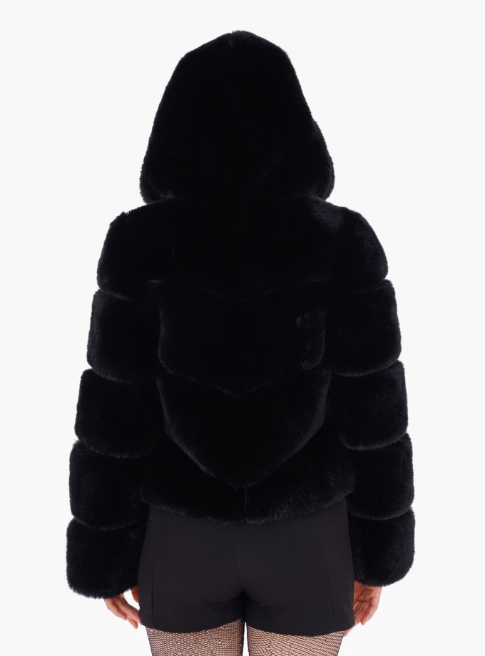 Vesta Siyah Kapüşonlu Kürk Ceket Trend Suni