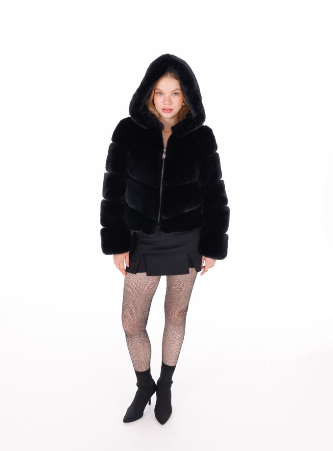 Vesta Siyah Kapüşonlu Kürk Ceket Trend Suni