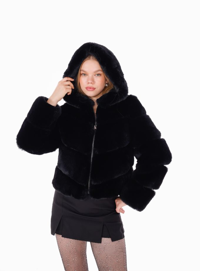 Vesta Siyah Kapüşonlu Kürk Ceket Trend Suni